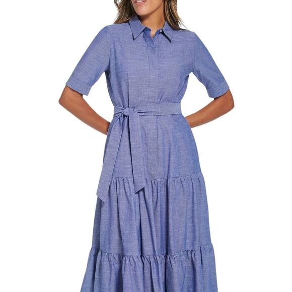 CALVIN KLEIN Women's Chambray Cotton Tie-Waist Button Front Shirtdress Size 8 Ne - Picture 6 of 10